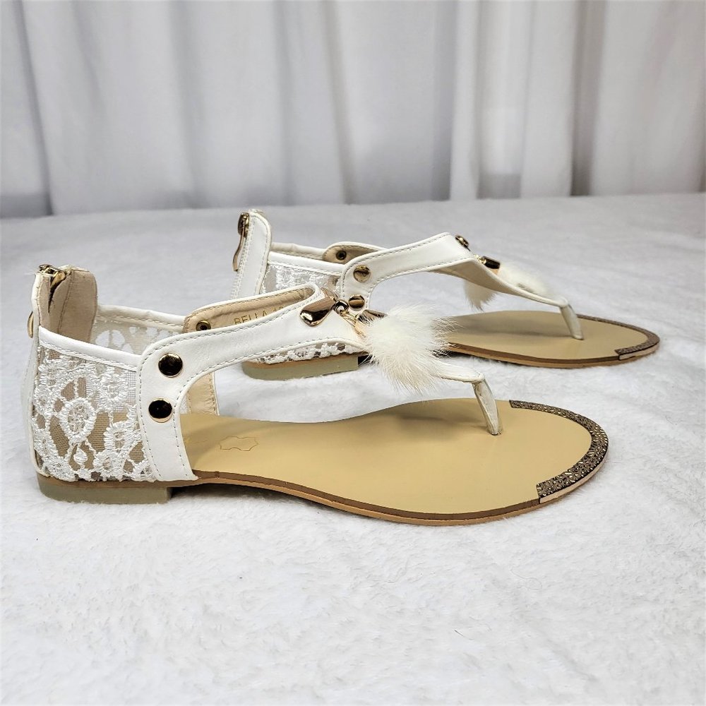 SilverDew White Summer Sandals Faux Fur Pom Poms - Picture 4 of 9